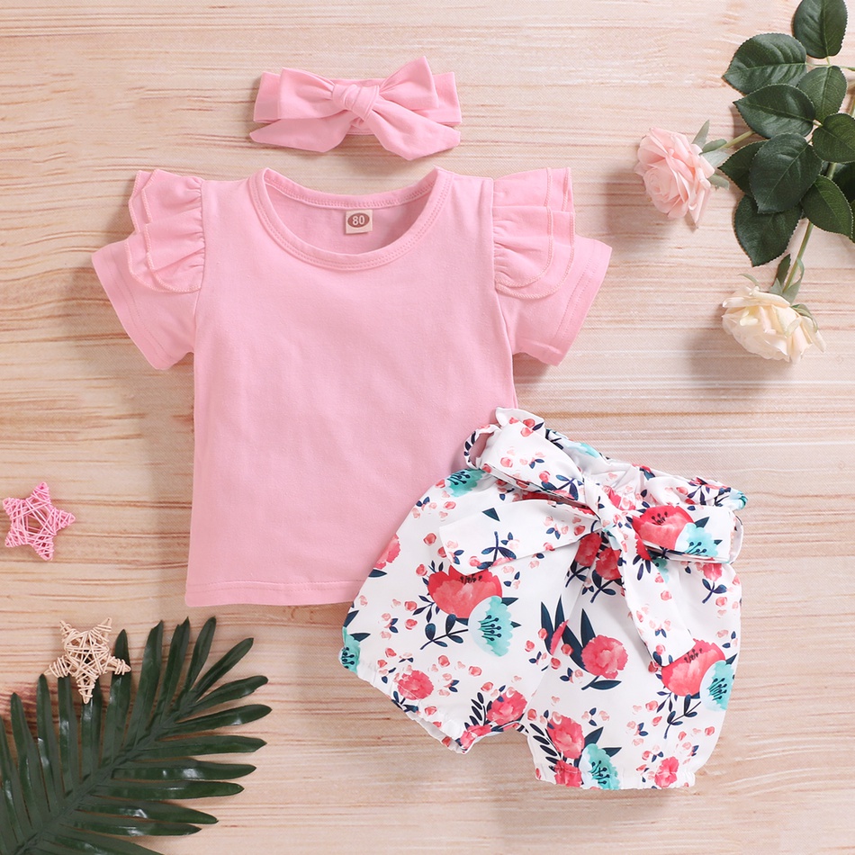 3-piece Baby / Toddler Girl Adorable Pink Flutter-sleeve Top and Floral Shorts with Headband Sets